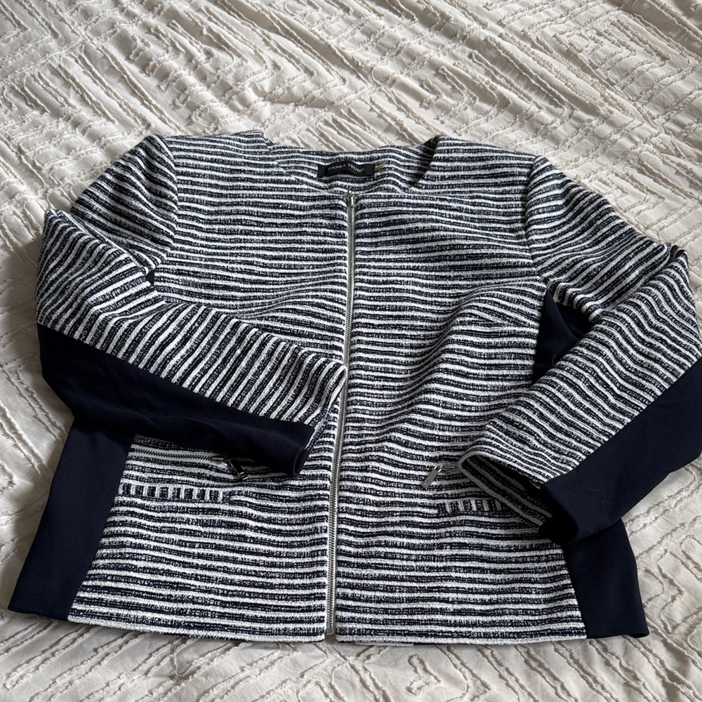 Ivanka Trump Navy and White Striped Zip Front Blazer